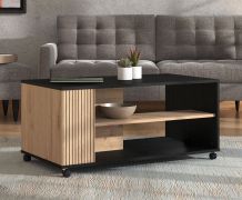 Couchtisch / Kaffeetisch mit einer Ablagefläche Secan 04, Industrial Stil, vier Rollen, Farbe: Eiche Artisan / Schwarz, Maße: 46 x 101 x 54,5 cm