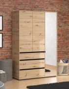Kleiderschrank / Drehtürenschrank | Farbe: Eiche Artisan / Schwarz Matt | 1 Spiegeltür | 138 x 55 x 211 cm | drei Schubladen | eine Kleiderstange | vier Fächer