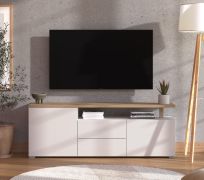 TV-Möbel / TV-Board | Farbe: Eiche Artisan / Opak Weiß | 2 Schubladen | 154 x 40 x 56 cm | 2 Drehtüren | drei Fächer | Push-to-open Funktion