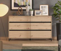 Kommode | 6 Schubladen | Farbe: Eiche Artisan | modernes Design | ABS-Kanten | Beine: Schwarz | Maße: 157 x 40 x 90 cm | gut kombinierbar