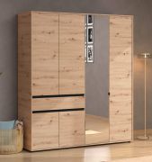 Kleiderschrank / Drehtürenschrank | Farbe: Eiche Artisan / Schwarz Matt | 1 Spiegeltür | 183 x 55 x 211 cm | eine Schublade | eine Kleiderstange | sechs Fächer