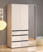 Kleiderschrank / Drehtürenschrank | Farbe: Kaschmir / Schwarz Matt | 1 Spiegeltür | 138 x 55 x 211 cm | drei Schubladen | eine Kleiderstange | vier Fächer
