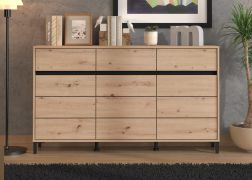 Kommode | 3 Drehtüren | 1,5 m breit | Farbe: Eiche Artisan | 3 Schubladen | Maße: 157 x 40 x 90 cm | Sideboard | ABS-Kanten | 6 Fächer | Beine: Schwarz