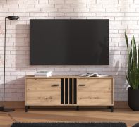 TV-Unterschrank / TV-Möbel | Farbe: Eiche Artisan | 2 Drehtüren | 2 Fächer | 132 x 40 x 52 cm | schwarze Griffe | TV-Schrank | für Wohnzimmer