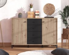 Kommode | 4 Schubladen | Farbe: Eiche Artisan / Schwarz | 2 Drehtüren | ABS-Kanten | 4 Fächer | Maße: 138 x 40 x 90 cm | Sideboard | für Wohnzimmer