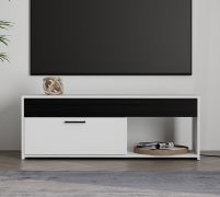 TV-Unterschrank / TV-Möbel | Farbe: Opak Weiß / Schwarze Eiche | 1 Kipptür | 2 Fächer | schlichtes und modernes Design | 122 x 33 x 44 cm | für Wohnzimmer