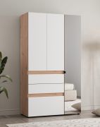 Kleiderschrank / Drehtürenschrank | eine Spiegeltür | Farbe: Eiche Artisan / Opak Weiß | 117 x 52 x 208 cm | drei Schubladen | eine Kleiderstange | vier Fächer