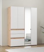 Kleiderschrank / Drehtürenschrank | eine Spiegeltür | Farbe: Eiche Artisan / Opak Weiß | 155 x 52 x 208 cm | drei Schubladen | eine Kleiderstange | vier Fächer