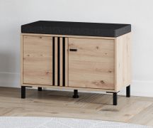 Sitzbank mit Stauraum | Farbe: Eiche Artisan / Schwarz | gepolstertes Sitzkissen | 80 x 40 x 57 cm | zwei Drehtüren | zwei Fächer | für den Vorraum