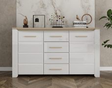 Kommode | Farbe: Weiß Hochglanz / Eiche | vier Schubladen | 154 x 40 x 88 cm | zwei Drehtüren | vier Fächer | Sideboard | für Wohnzimmer