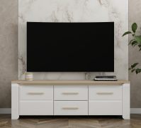 TV-Unterschrank | Farbe: Weiß Hochglanz / Eiche | zwei Schubladen | 154 x 40 x 50 cm | TV-Möbel | zwei Drehtüren | zwei Fächer | für Wohnzimmer