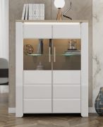 Vitrine | Farbe: Weiß Hochglanz / Eiche | zwei Glastüren | klein | 96 x 36 x 130 cm | 6 Fächer | breit | für Wohnzimmer