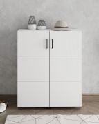 Schuhschrank | Farbe: Opak Weiß | zwei Drehtüren | 92 x 33 x 113 cm | breit | 9 Schuhfächer | schwarze Griffe | kleiner Schrank | für den Vorraum