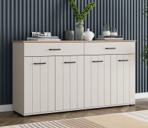 Kommode | Farbe: Kaschmir / Eiche Artisan | vier Drehtüren | zwei Schubladen | 156 x 41 x 86 cm | vier Fächer | Sideboard | schwarze Griffe | für Wohnzimmer