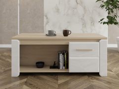 Couchtisch | Farbe: Weiß Hochglanz / Eiche | 2 Drehtüren | 120 x 57 x 50 cm | 4 Fächer | getönte Ablagefläche aus Glas | Kaffeetisch | für Wohnzimmer