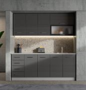 Küchenzeile / Küchenblock | Opak Weiß / Grau | 200 x 58 x 200 cm | schlicht und neutral | Soft-Close Funktion | sandgestrahltes Glas | vier Schublade