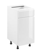 Küchenunterschrank | 1 Drehtür | Farbe: Weiß | Soft-Close Funktion | 1 Schublade | 40 x 47 x 82 cm | 2 Fächer | hochglanzlackiert | verstellbare Beine | griffloses System