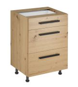Küchenunterschrank | 3 Schubladen | Farbe: Eiche Artisan | 60 x 47 x 82 cm | verstellbare Beine | hochwertig Verarbeitet | schwarze Griffe