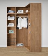 Offener Eckkleiderschrank | 11 Fächer | Farbe: Eiche Puccini | 1 Kleiderstange | 7 Holzeinlegeböden | Maße: 108,5 x 55 x 234 cm | 2 Wäschekörbe | Universelles Design