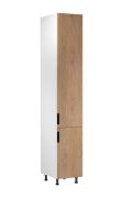 Küchenhochschrank | 2 Drehtüren | Farbe: Weiß / Eiche Puccini | Soft-Close Funktion | 40 x 58 x 247 cm | 6 Fächer | Metallgriffe | verstellbare Beine | Türanschlag: Rechts
