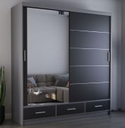 Schiebetürenschrank / Kleiderschrank mit Spiegel | Schwarz / Grau | Lusatian 25 | 218 x 203 x 61 cm | 3 Schubladen | 12 Fächer | Zweifarbig