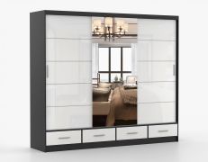 Schiebetürenschrank / Kleiderschrank mit Spiegel | 218 x 250 x 61 cm | Weiß / Schwarz | Lusatian 28 | 3 Türen | 4 Schubladen | 7 Fächer | Zweifarbig