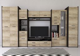 Wohnwand Schwarz / Hellbraun | Vercors 03 | 200 x 360 x 53 cm | 1 Türe | Mehrteilig | Front in Holzoptik | umfangreiches Platzangebot | eckig