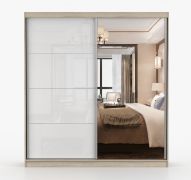 Schiebetürenschrank / Kleiderschrank  | mit Spiegel Weiß / Sonoma Eiche | Sredna 08 | 218 x 203 x 61 cm | 2 Türen | 7 Fächer | 3 Schubladen