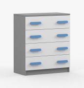 80 cm breite Kommode | Weiß / Grau | Smolikas 11 | 4 geräumige Schubladen | blaue Holzgriffe | 90 x 80 x 40 cm | Kinder | Jugend