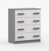 Kommode 80 cm breit | 90 x 80 x 40 cm | violette Holzgriffe | Weiß / Grau | Smolikas 14 | 4 geräumige Schubladen | Kinder | Jugend