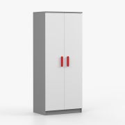 Kleiderschrank / Drehtürenschrank | Weiß / Grau | Smolikas 61 | 2 Türen | 1 Kleiderstange | 192 x 80 x 50 cm | rote Holzgriffe | 5 Fächer | eckig