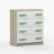 80 cm breite Kommode | 90 x 80 x 40 cm | grüne Holzgriffe | Weiß / Sonoma Eiche | Smolikas 04 | 4 Schubladen | Kinder | Jugend
