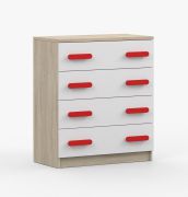 80 cm breite Kommode | Weiß / Sonoma Eiche | Smolikas 05 | 4 Schubladen | rote Holzgriffe | 90 x 80 x 40 cm | Kinder | Jugend
