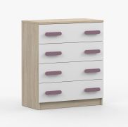 Kommode 80 cm breit | Weiß / Sonoma Eiche | violette Holzgriffe | Smolikas 06 | 4 Schubladen | 90 x 80 x 40 cm | Kinder | Jugend