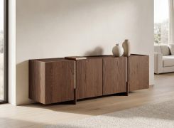 TV-Unterschrank | Farbe: Tabacco | 4 Türen | Massivholz | Eichenholz geölt | Travertin Stein | 180 x 46 x 56 cm | 6 Fächer | Schlicht