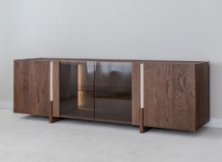 TV-Unterschrank | Farbe: Tabacco | 4 Türen | Massivholz | Eichenholz geölt | Travertin Stein | 180 x 46 x 56 cm | 6 Fächer | inkl. LED-Beleuchtung
