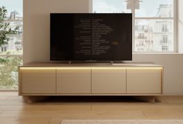 TV-Unterschrank | Farbe: Bolivar Natur / Cappuccino | 4 Drehtüren | 4 Fächer | Push-to-open Funktion | inkl. LED-Beleuchtung | 204 x 40 x 55 cm | TV-Möbel