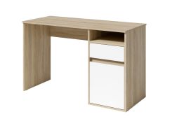 Einfacher Schreibtisch mit weißen Fronten Agia 02, Farbe: Eiche Sonoma / Weiß, eine Schublade, eine Tür, Maße: 74 x 120 x 50 cm, für Büro