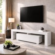 TV-Unterschrank Zolvini | Weiß Hochglänzend | 140 x 35 x 47,5 cm| großes Kippfach | Push to Open | Robust & Langlebig | vollständig lackiert