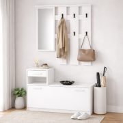 Garderobe Komplett - Set Kelvini | Weiß | Schuhschrank mit 3 Fächern und Schublade| Garderobe mit Spiegel | 6 Haken | viele Ablageflächen