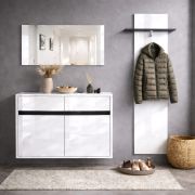 Garderobe Komplett - Set Palvudo | Farbe: Weiß Hochglanz / Schwarz | 3-teilig | 2 Schubladen | 3 große Fächer | Kleiderstange | 2 Türen |