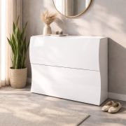 Schuhschrank Vela Nova 2 | Farbe: Weiß Hochglanz | 2 geräumige Kippfächer | Wave Design | Stabil & Pflegeleicht | 60-74 x 27 x 81 cm