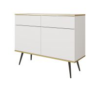 Kleine Kommode mit zwei Schubladen Horsham 61, Farbe: Weiß, zwei Türen, ABS-Kantenschutz, Push-to-open Funktion, vier Fächer, Beine: Schwarz