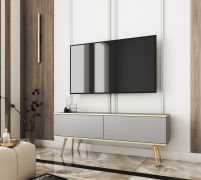Moderner TV-Schrank / TV-Möbel mit zwei Kippfächer Horsham 49, Farbe: Grau, ABS-Kantenschutz, Beine: Gold, Push-to-open Funktion, hängend montierbar