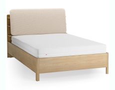 Doppelbett | Farbe: Eiche / Beige | 140 x 200 cm | gepolsterte Kopfstütze | inkl. Lattenrost | vier offene Regale | Behälter hinter Rückenlehne