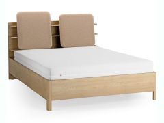 Doppelbett | 160 x 200 cm | Farbe: Eiche / Taupe | gepolsterte Kopfstütze | vier offene Regale | Behälter hinter Rückenlehne | inkl. Lattenrost