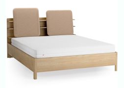 Doppelbett | Farbe: Eiche / Taupe | gepolsterte Kopfstütze | vier offene Regale | Behälter hinter Rückenlehne | 180 x 200 cm | inkl. Lattenrost