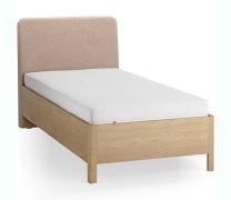 Einzelbett  | Farbe: Eiche / Ecru | Eiche massiv | weich gepolsterte Kopfstütze | 90 x 200 cm | Gästebett | inkl. Lift up Lattenrost | dezent abgerundete Form