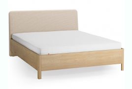 Doppelbett | 160 x 200 cm | Eiche massiv | Farbe: Eiche / Beige | dezent abgerundete Form | inkl. Lattenrost | weich gepolsterte Kopfstütze