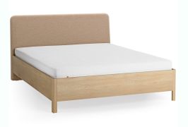 Doppelbett | 160 x 200 cm | Eiche massiv | Farbe: Eiche / Taupe | dezent abgerundete Form | inkl. Lattenrost | weich gepolsterte Kopfstütze